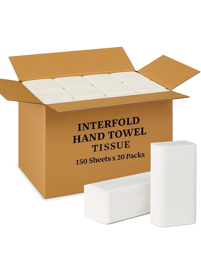 Interfold Hand Towel Tissue Paper - 150 Sheets x 20 Packs (3000 Sheets Total) - High Absorbency Multi-Fold Paper Towels for Home, Office & Commercial Use - White